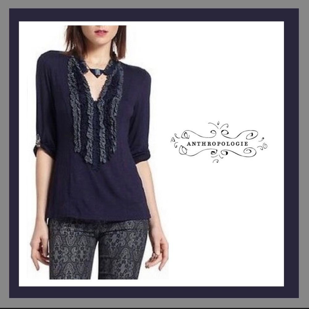 Anthropologie One September Ruffle Detail Roll Tab Sleeve Top in Navy Size P